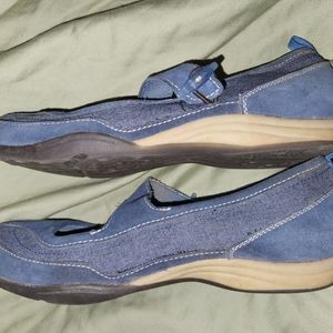 Lands' End Blue Suede & Fabric Mary Jane Shoes pre owned great condition sz 9b